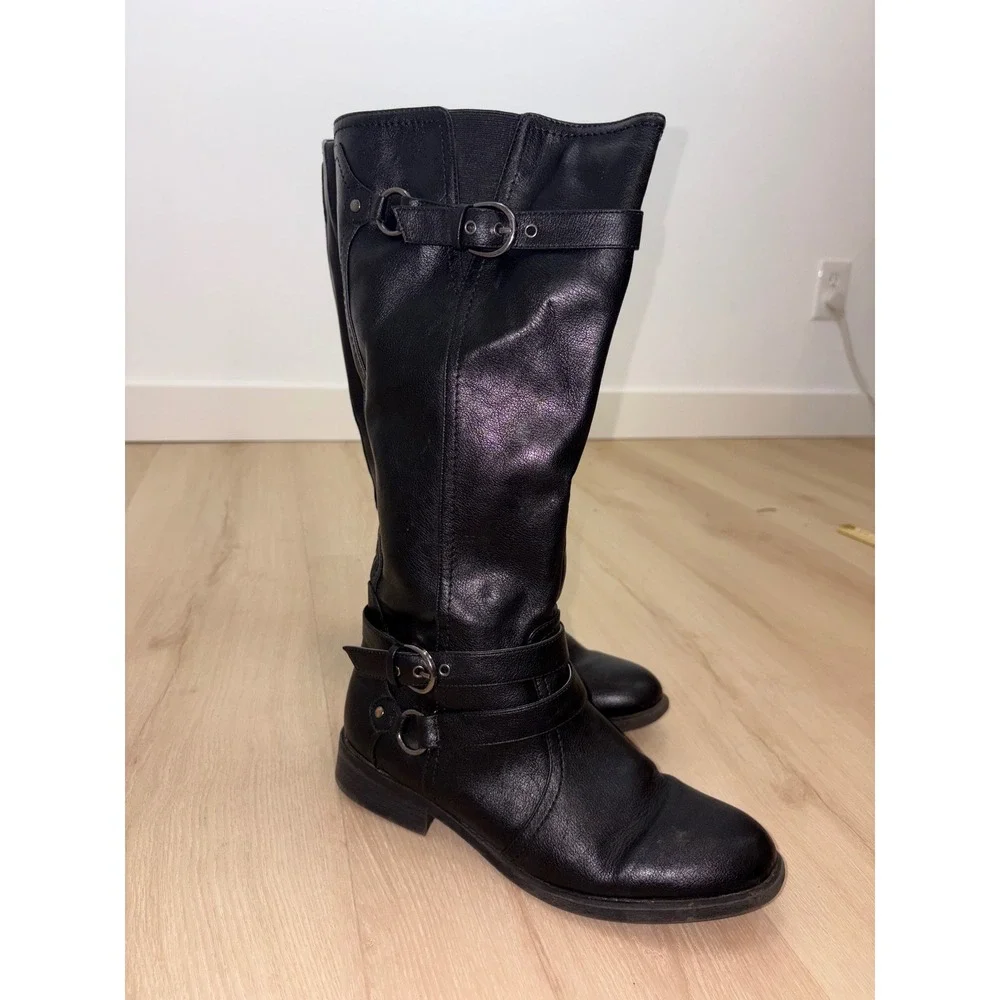 Brinley Co Loyal Tall Riding Boots Womens 10 Black Buckle Strap Moto Equestrian